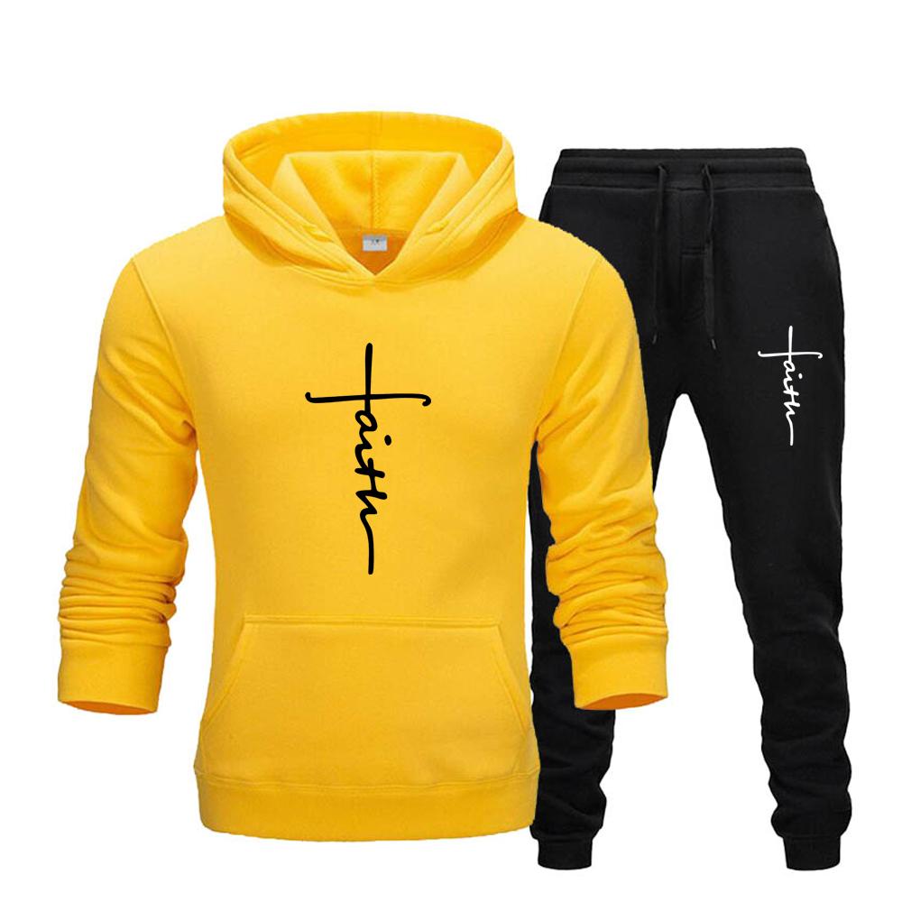 "Faith" Men's Casual Sports Hooded Sweatshirt +Drawstring Pants 2 Pieces Sets  Letter Print Sweatshirt Fleece Hoodie Set Men's