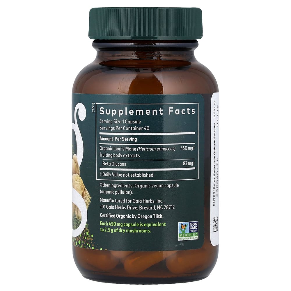 Gaia Herbs Lion's Mane Mushroom Veggie Capsules 40 Counts