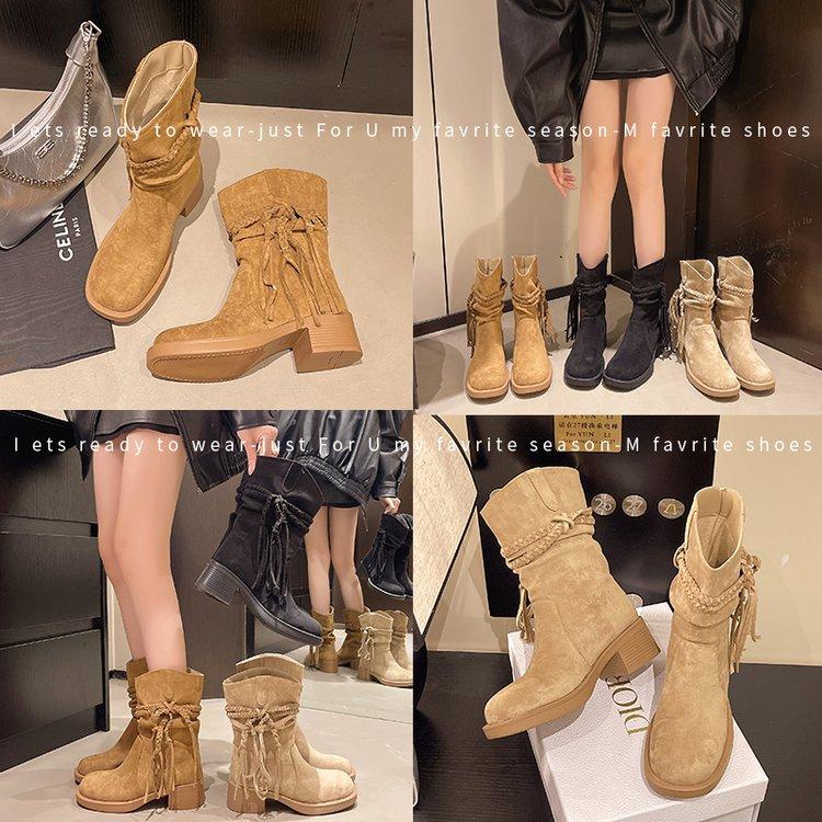 Kuskinnversjon~ retro ødemark frynsete ridestøvler tykk hæl men knelang støvler slank pile mellomhøye støvler kvinner