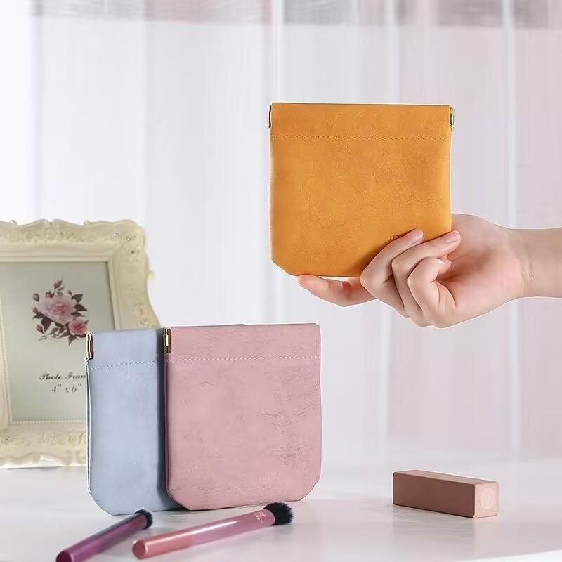 Fashion Leather Storage Bag Automatic Closure Waterproof Purse Portable Earphone Charging Line Cosmetic Lipstick Jewelry Bag