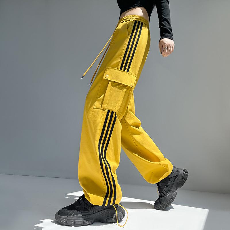 

Весна и лето Новые тонкие свободные повседневные контрастные широкие спортивные брюки M жёлтый