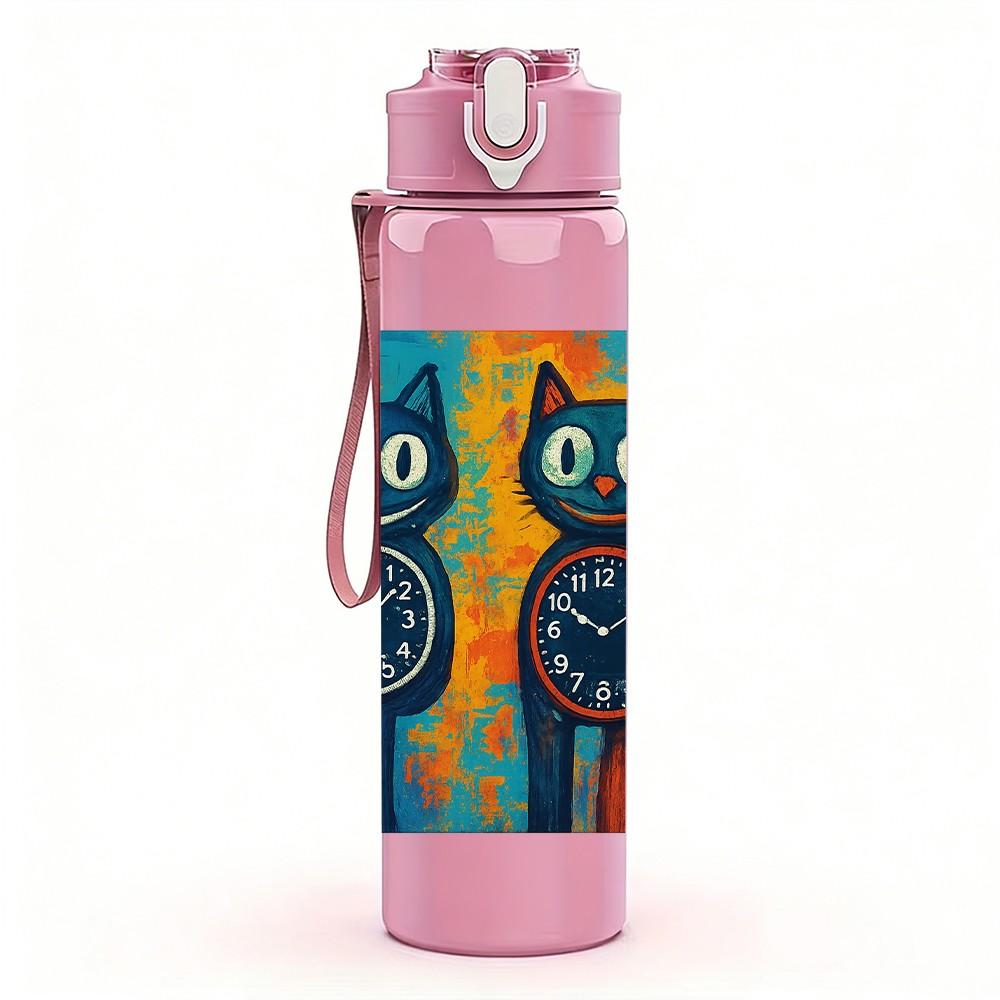 1PC Colorful Twin Cat Clock Art 750ml Color Plastic Sports Water Bottle Leakproof Flip Straw Lid Suitable for Sports Office Home Use
