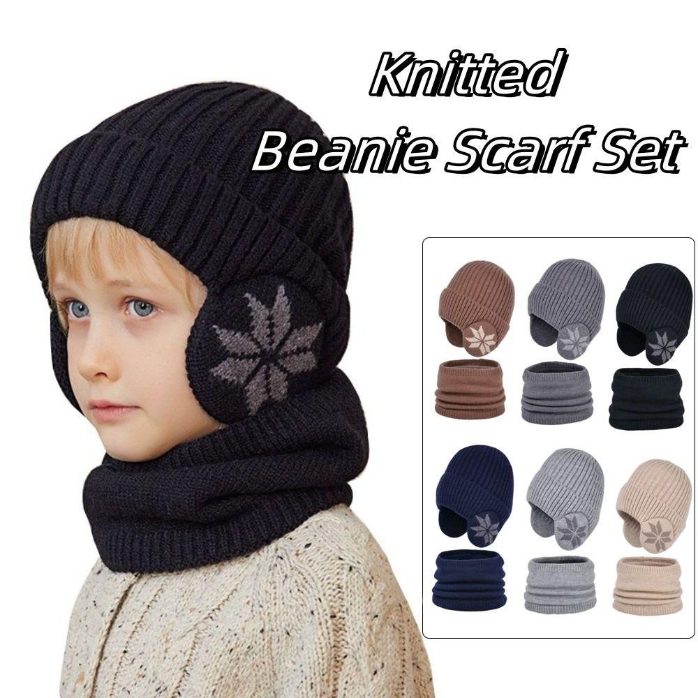 2pcs Coldproof Ear Protection Wool Caps Solid Color Pullover Hat Fashion Scarf Hat Set  Winter