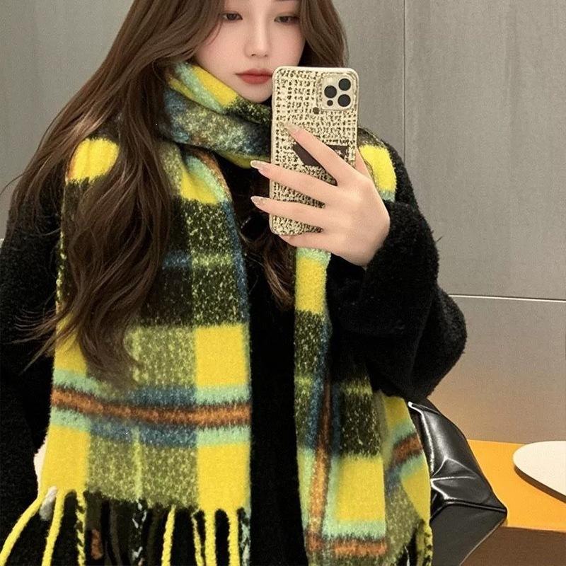 Mohair plaid scarf women's winter sea salt milk coffee blue thickened atmosphere warm student shawl scarf
