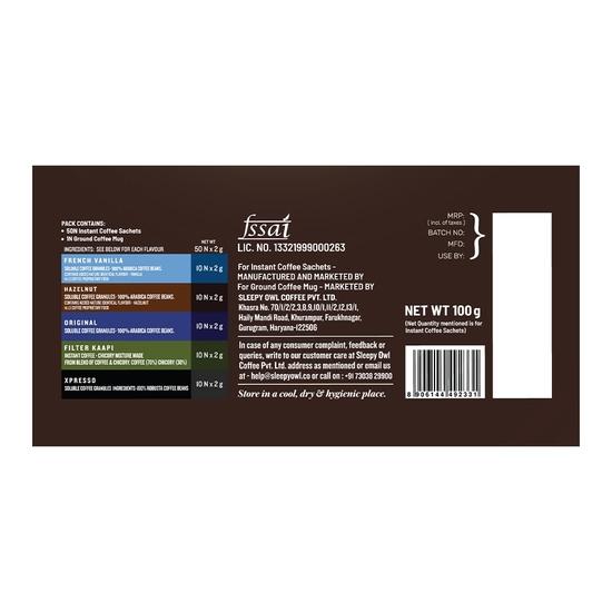 Sleepy Owl Instant Coffee Gift Pack | 50 Coffee Sachets + Free Mug | Assorted Flavours: Original, French Vanilla, Hazelnut, Xpresso & Filter Kaapi