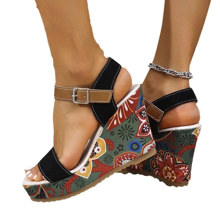 Große Größe Ethnischer Wind Schrägabsatz Fischmaul Wortgürtel Sandalen Sommer Neu Hohlschnalle Gürtel Damenschuhe