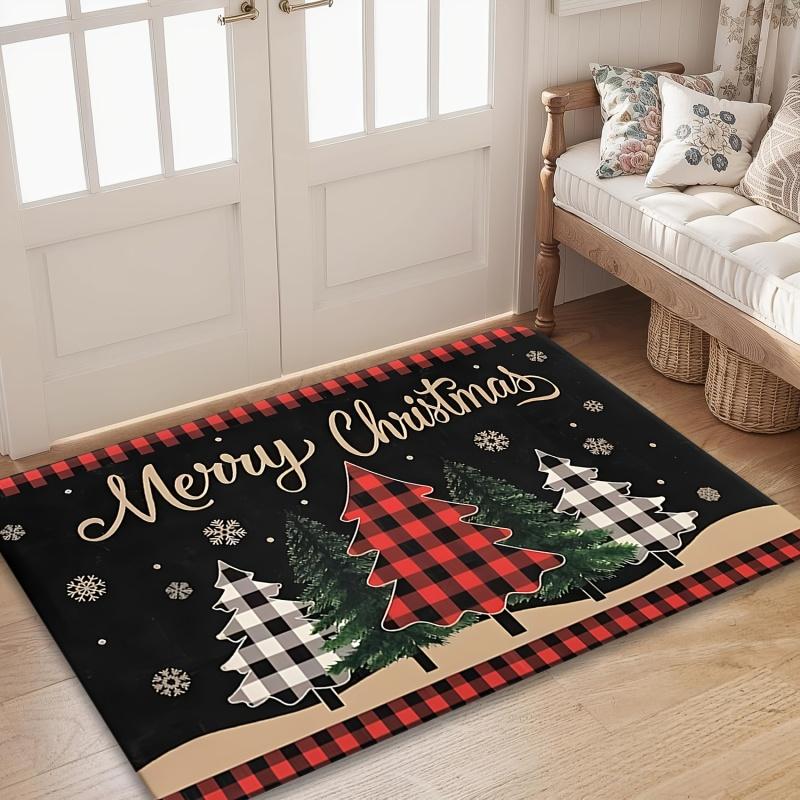 Plaid Christmas Tree Merry Christmas Doormat, Snowflake Printed Entrance Floor Rug, Winter Home Decor