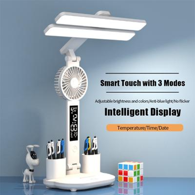 Multifunktions-Tischlampe, LED, zusammenklappbar, mit Ventilator, Kalender, Uhr, USB, wiederaufladbar, Schreibtischleuchte, 3-Farben-Leselampe
