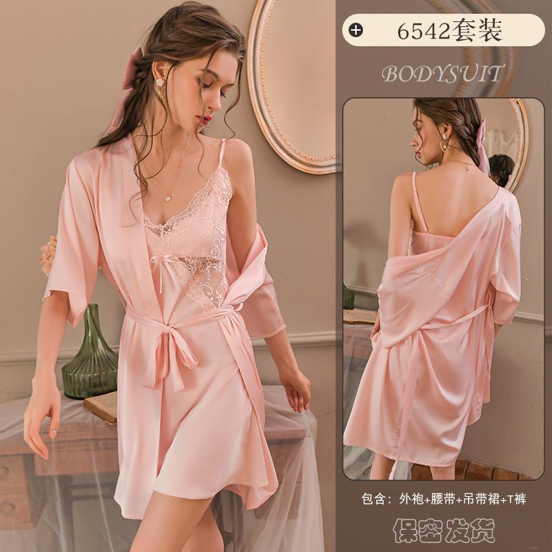 Homewear Sexy Pajamas Women'S Autumn With Chest Pads Lace See-Through Nightgown Set Pure Desire Ice Silk Nightgown 6542