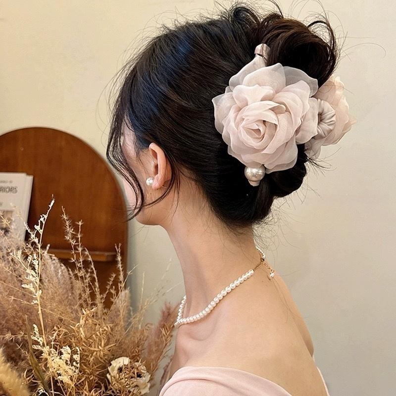 Elegant Delicate Large Fabric Mesh Rose Flower Hair Clip For Women Girls Imitation Pearl Floral Shark Clip Hair Accessories