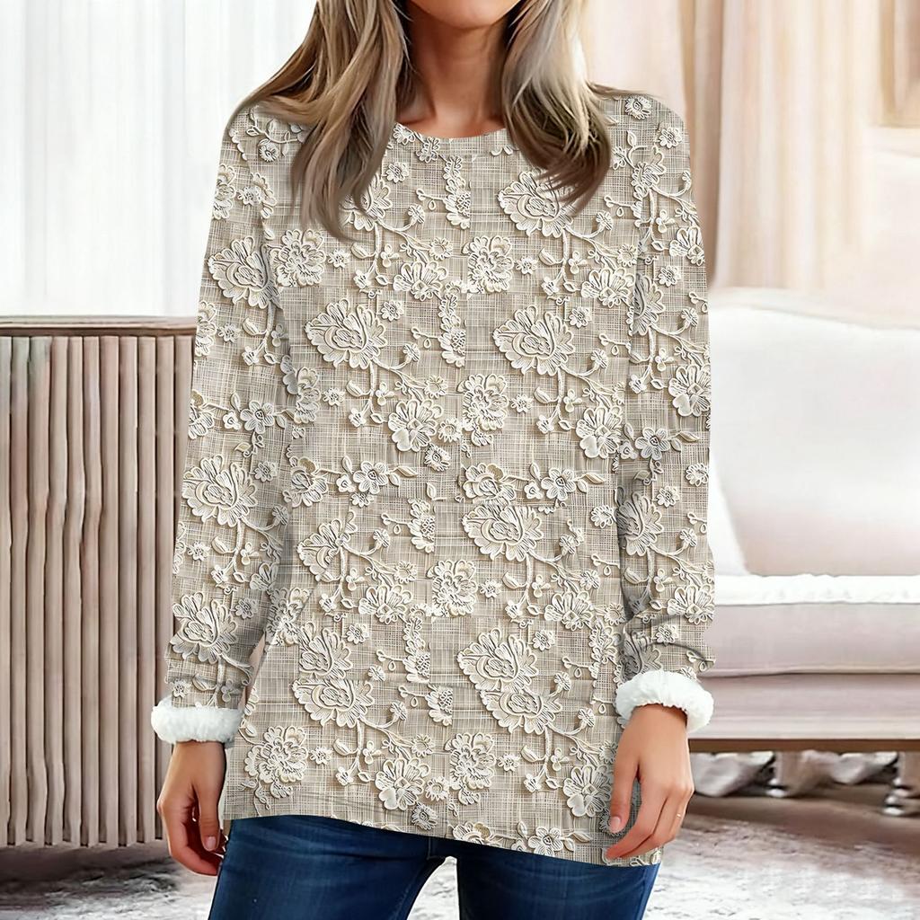 Women's Fashionable Printed Round Neck Long Sleeved Plush Warm Pullover Top