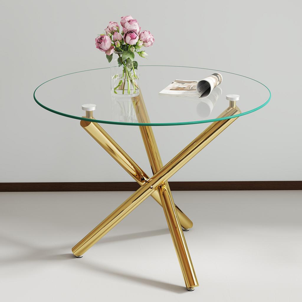 Round Dining Table with Tempered Glass Top and Gold-colored Legs, Coffee Table, Modern Minimalist Dining Table, 80 × 80 × 76 cm
