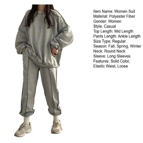 Yousheng - Conjunto de 2 piezas para mujer, top y pantalón, cuello redondo, manga larga, sudadera de color liso, cintura elástica, pantalones holgados, conjunto deportivo, chándal para otoño y primavera