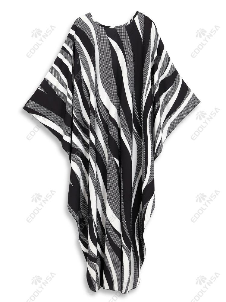 EDOLYNSA Striped Lady Kaftan Black Robe Oversized Light jacket Summer wear Vacation Party Long Dress Bathrobe Beach dress Q1289