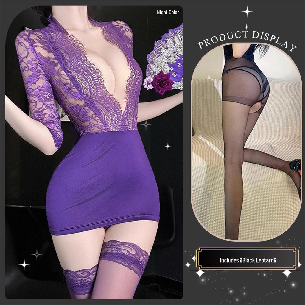 Golden Night Sexy Lace Purple Bodycon Dress with Push-up for Role Play 