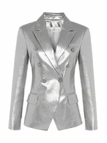 Classy Genuine Lambskin Leather Handmade Women's Silver Blazer Designer Formal Party