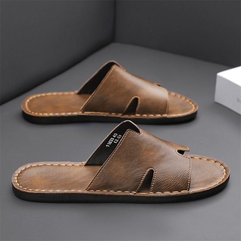 Módní luxusní pánské pantofle Módní ručně vyráběné pantofle z hovězí kůže Protiskluzové ploché pantofle pro muže Designové pantofle Chanclas Hombre