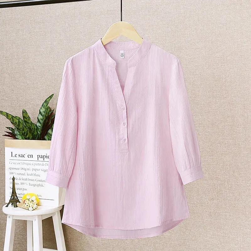

Рубашка из 100% хлопка, синяя летняя корейская блузка с воротником-стойкой и пуговицами, топ с рукавами три четверти, женские свободные профессиональные белые рубашки L розовый