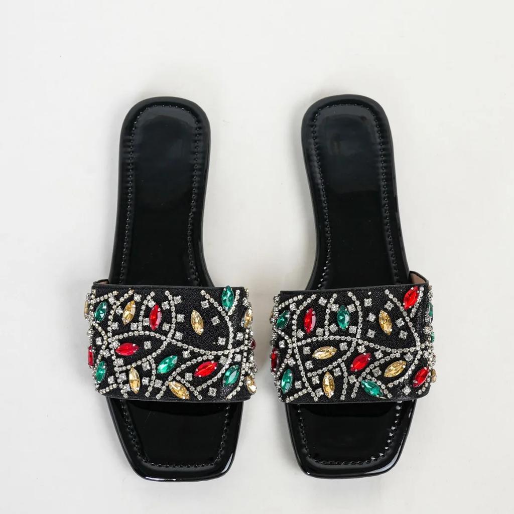 Fashion Luxury Women's Fashion Slippers Summer Comfortable Flat Bottomed Fashion Square Head Water Diamond Pure Handmade Cool Slippers