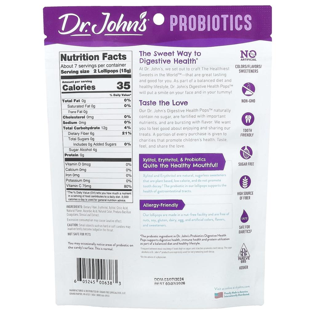 Dr. John'S Healthy Sweets, Probiotics, Digestive Health Pops™, + Fiber & Vitamin C, Strawberry, Peach & Apple, 109G (3.85Oz)