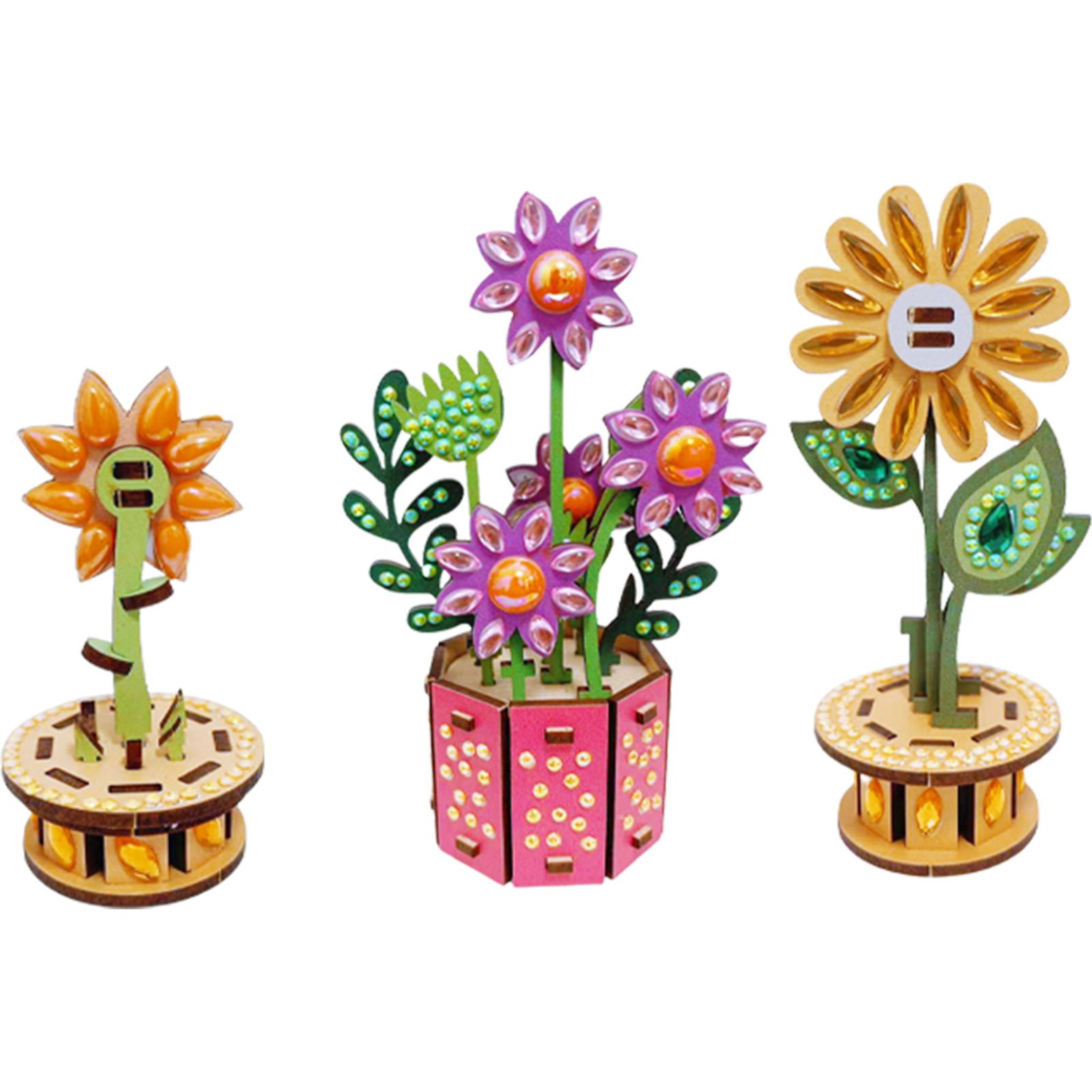 

3pcs 3D Puzzle DIY Wooden Flower Diamond Art Diamond Painting Ornament Wooden Flowers for Crafts for Adults Home Table Decor