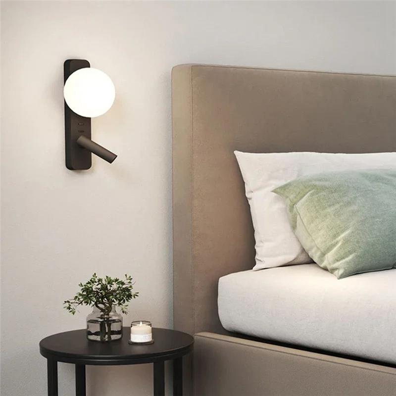 A84E-LED Wall Light With Switch Adjustable Spotlight Glass Wall Sconce Lamp For Bedroom Bedside Light Fixture Wall Decor Black