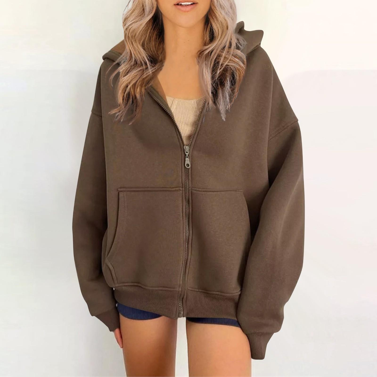

Женский однотонный повседневный кардиган на молнии с капюшоном и карманами XL кофейный
