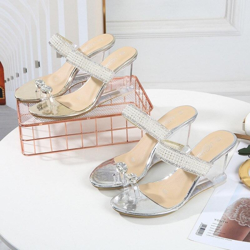 2023 Pearl Slope Heel New Sexy Crystal Transparent High Heels Glass Rhinestone Slope Heel Sandals Female LFD