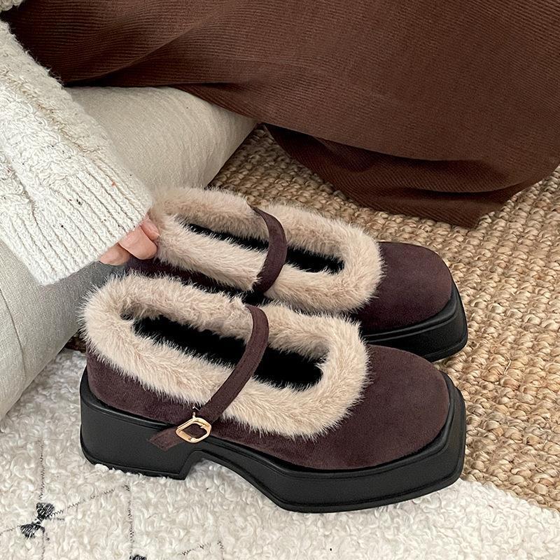 

Women s shoes fashion temperament retro platform cotton shoes women s 2025 new autumn and winter velvet thick heel Mary Jane middle heel 39