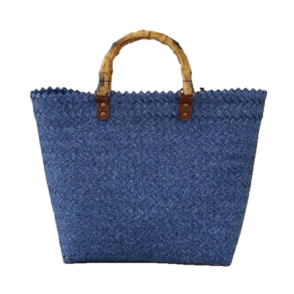 Borsa intrecciata a mano in rattan imitazione con manici in bambù - Cesto per la spesa, Souvenir, Borsa di paglia, o Tote per pendolari