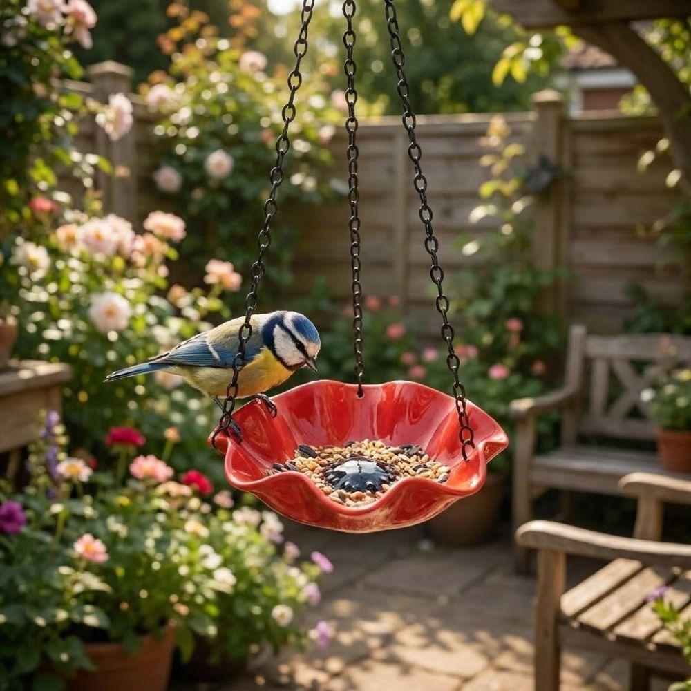 Eisenkunst Vogeltränke Blumenförmige Offene Schale Kolibrifutterer Retro-Stil Rostbeständig Hängendes Vogelbad Terrasse