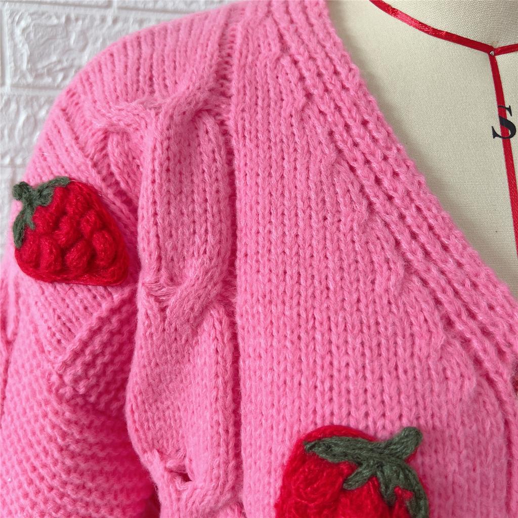 Casual Loose Strawberry Embroidery Thick Fried Dough Twists Single Breasted Knitting Sweater Coat Cardigan Women 3590 KTB