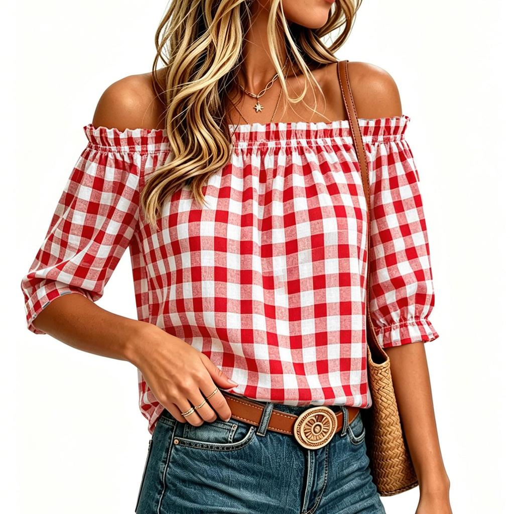 Women's Off-Shoulder Plaid Print Blouse with Puff Sleeves, Casual Relaxed Fit Top