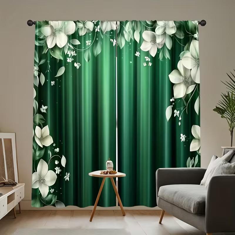 2 Pcs Green Flowers Print Curtains,suitable for Bedroom,living Room Kitchen Decoration,home Decoration,window Decoration