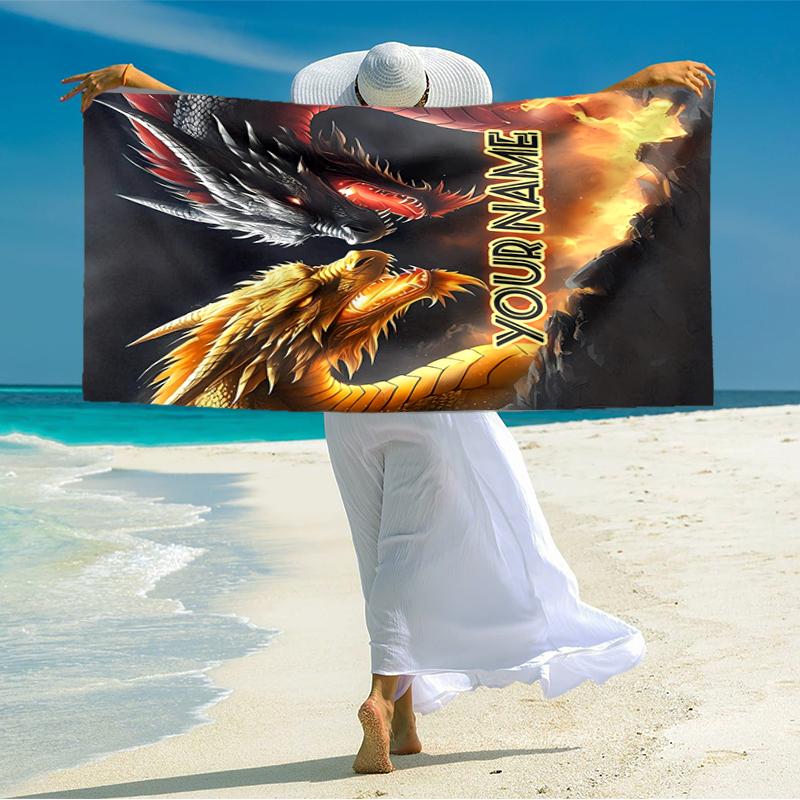 1PC Custom Name "Dragon Battle: Fire vs Ice" Beach Towel Highly Absorbent And Sand-Resistant Towel for Swimming, Pool, Yoga, And Travel Lightweight