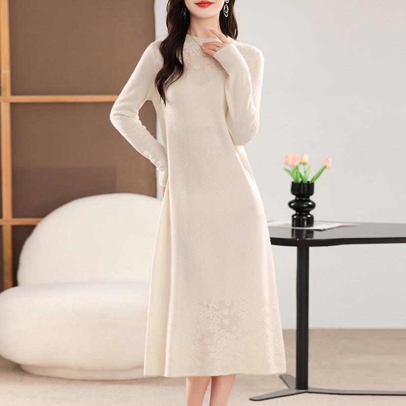 Women's Pure Color Long Wool Knit Dress with Hollow Details