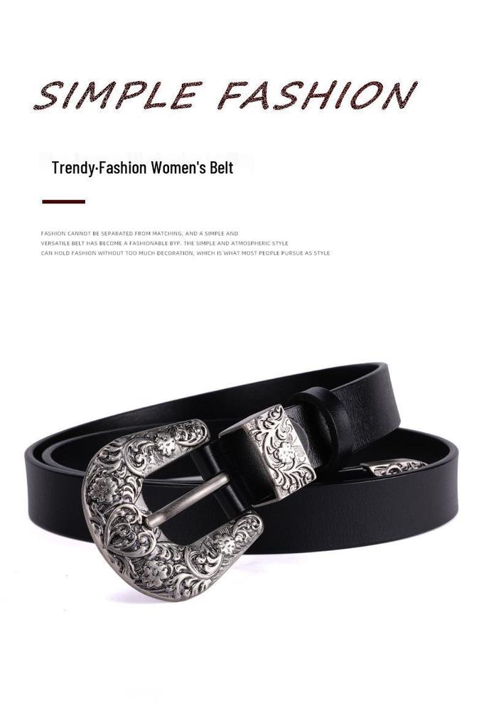 Women's Retro Carved Black Genuine Leather Belt with Pin Buckle