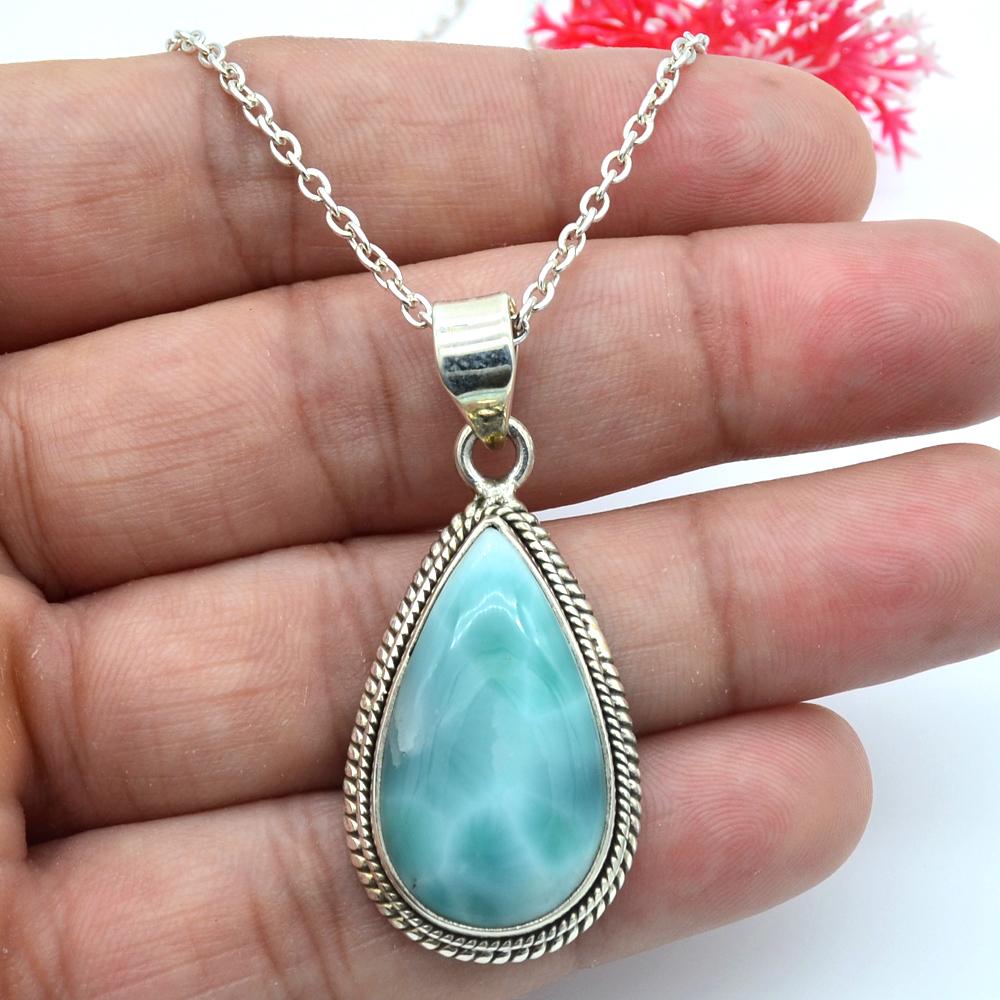 Handmade Larimar Gemstone Solid Pendant Necklace 925 Sterling Silver Women Jeweley