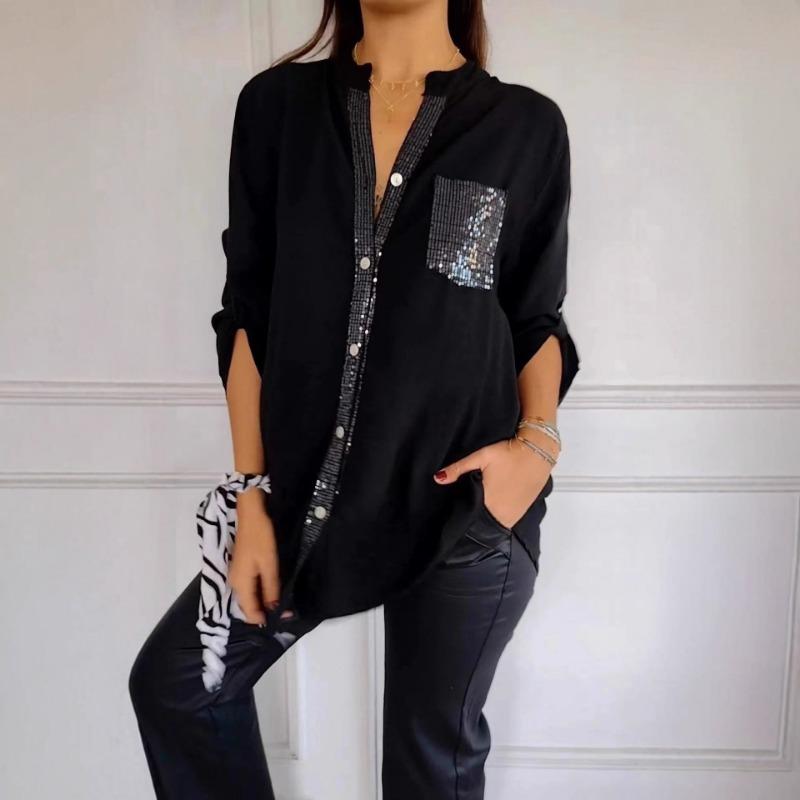 Women S Loose Casual V Neck Long Sleeve Polyester Shirt S чёрный