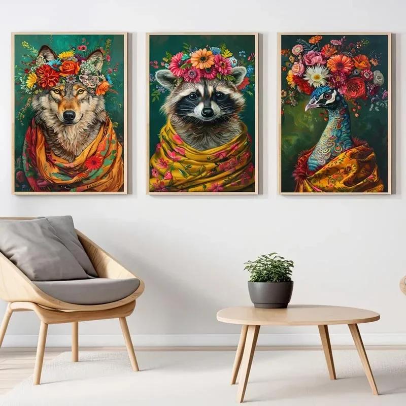 Vintage Maximalist Floral Wild Animal Canvas Painting Lion Owl Peacock Wolf Flower Poster Print Wall Art Picture Home Decor