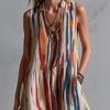 2026 European and American retro fashion beige abstract striped cotton and linen dress