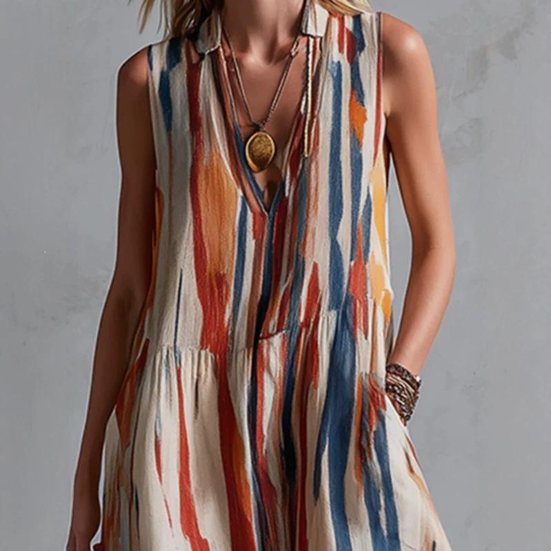 2026 European and American retro fashion beige abstract striped cotton and linen dress
