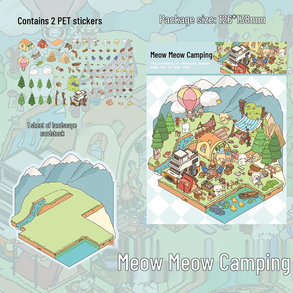 2 Sheets PET Meow Meow Camping Story Scenery Stickers for DIY Miniature Creative Scenes and Journals