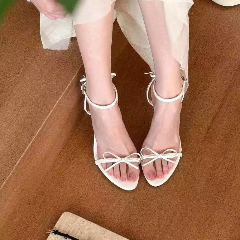 

Fashion Temperament Bow Stiletto High Heels Women s Summer Round Toe Open Toe Sweet One Strap Anti-slip Wear-resistant Sandals 40 белый