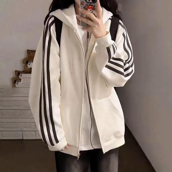 

Женская толстовка с капюшоном из плотного трикотажа 350 г с тремя полосками - весенне-осенний кардиган на молнии M