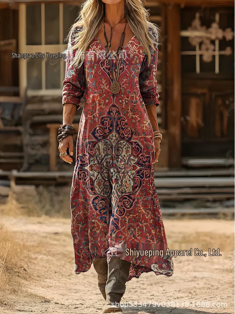 European-American Retro Floral Print Long Sleeve Dress
