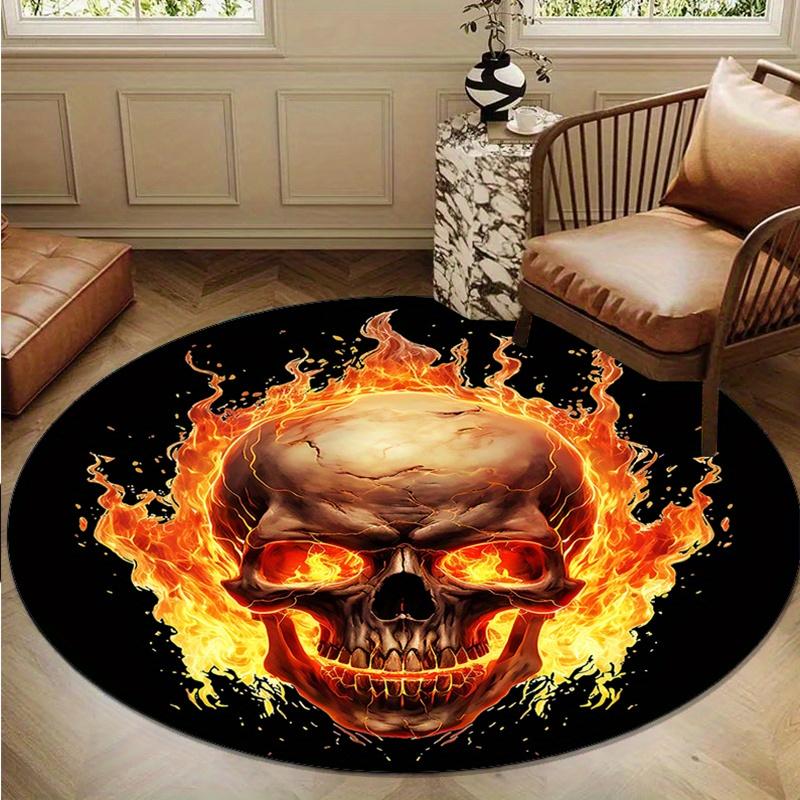 Crystal Velvet Burning Skull Printed Round Area Rug - Non-Slip, 100% Polyester, Bold Flame Design for Bedroom & Living Room Decor, Compact S