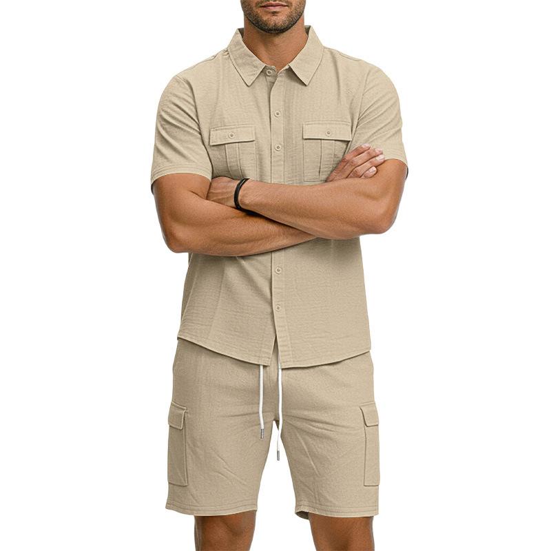 Casual Solid Color Linen Two Piece Sets Mens 2026 Spring Summer Fashion Short Sleeve Shirts and Shorts Outfits Men Linen Suits