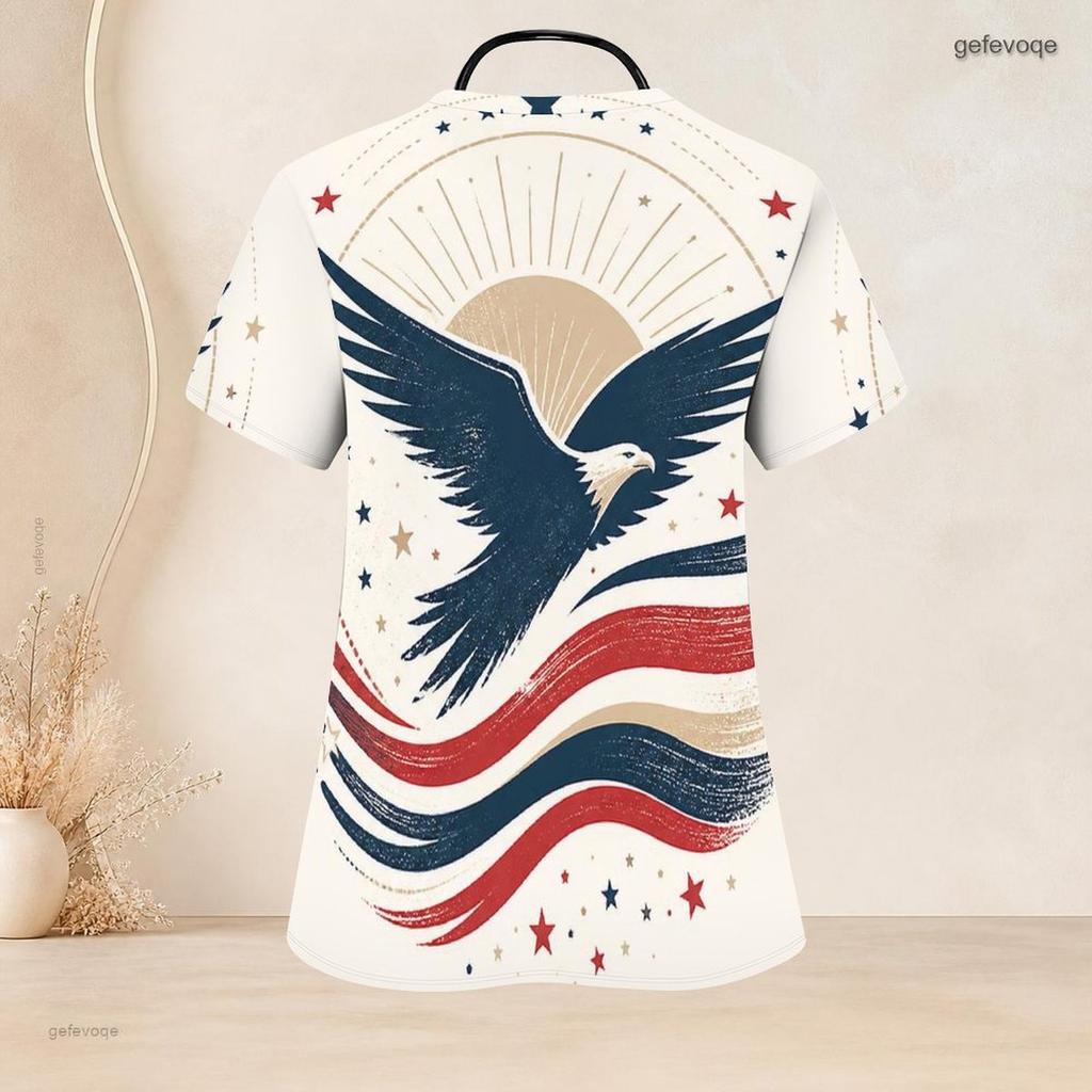 Women Plus Size V Neck Short Sleeve Eagle Star Stripe Printed Nurse Scrub Top With Front Pockets
