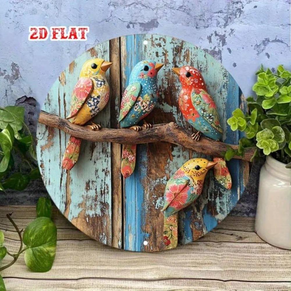 Retro Round Tin Sign Colorful Birds On Branch Aluminum Wall Art For Home